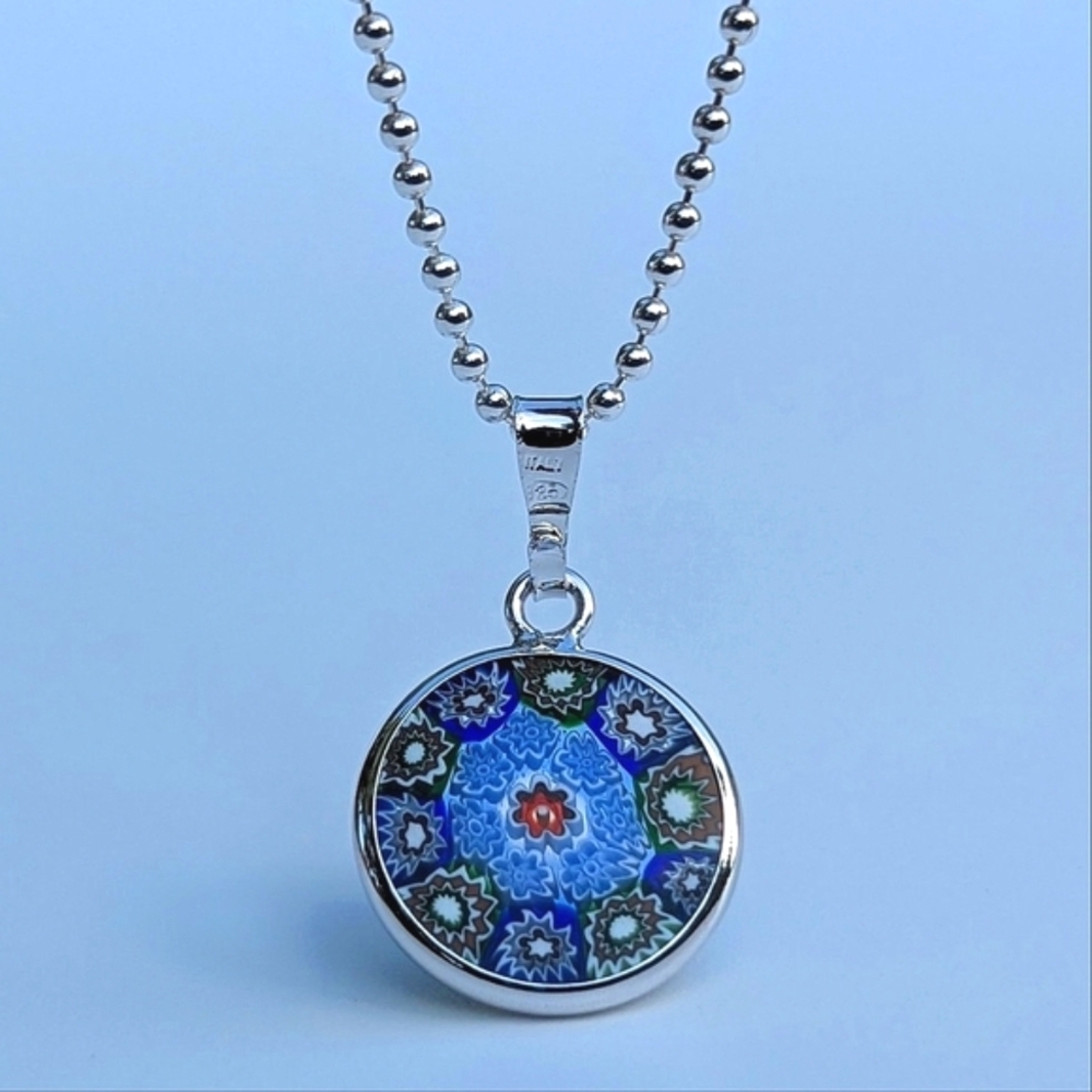 Italian Artisan Handcrafted Murano Millefiori Glass Pendant • Blue • White